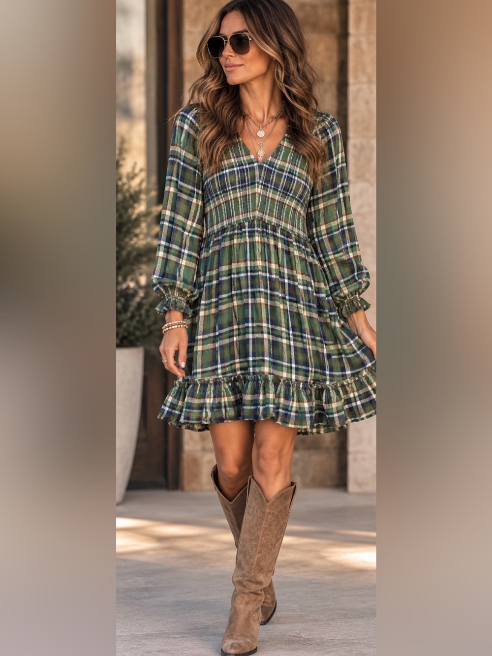 Plaid V-Neck Ruffle Mini Dress in Green